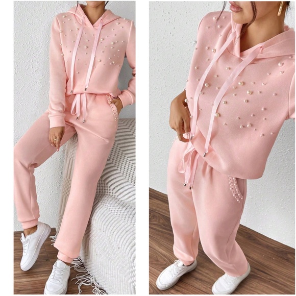 Cozy Fleece Lined Faux Pearl Hoodie Jogger Pants Set - Picture 5 of 12